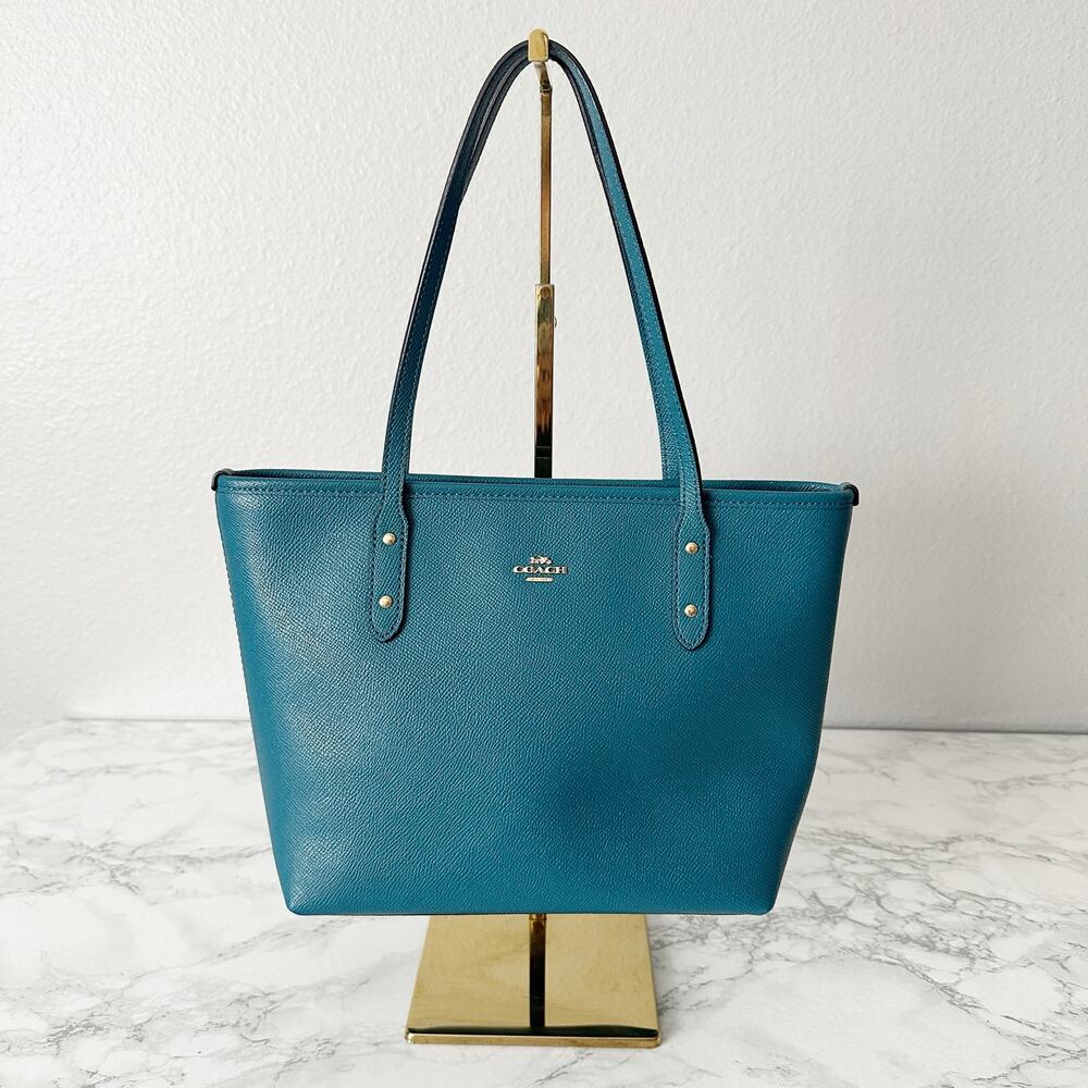 Coach Mini City Zip Top Tote Dark Teal Crossgrain Leather Bag Goldtone hardware